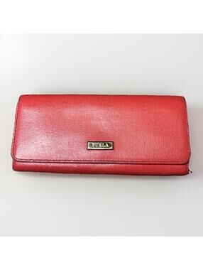 FURLA Leather Long Wallet Red/Coral Large Capacity Authentic